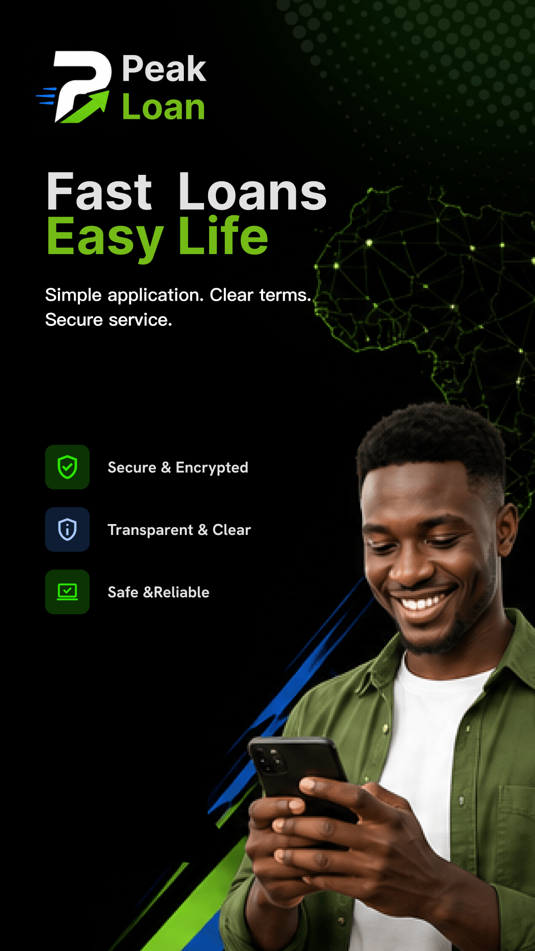 Peak Loan welcome screen — Fast Loans, Easy Life
